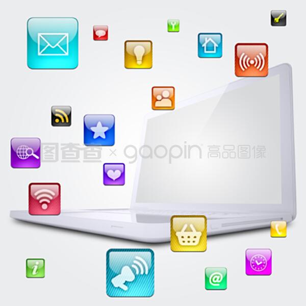 筆記本電腦與應用程序圖標 現(xiàn)代數(shù)字生活的雙翼